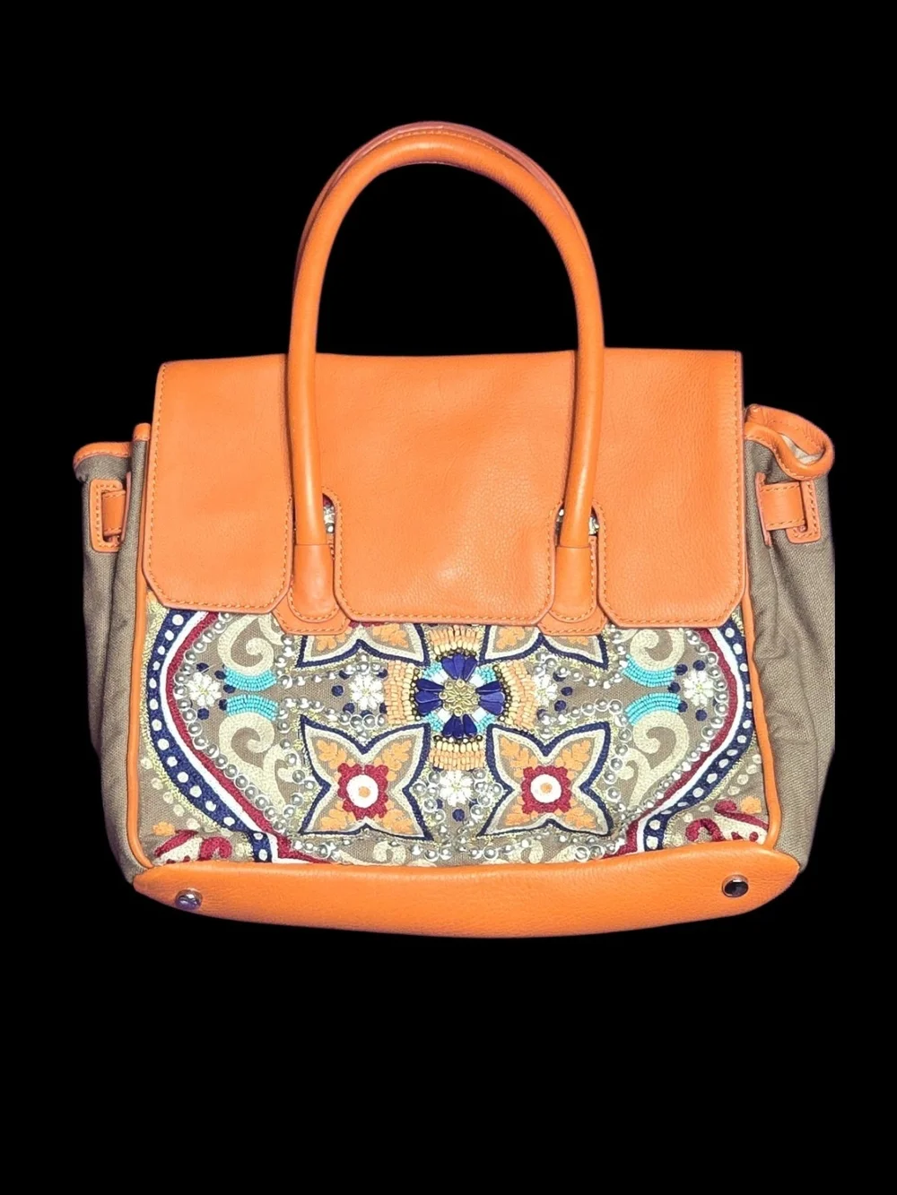 Sam Edelman Orange Leather-Trim Embroidered Satchel